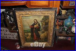 Antique Jesus Christ Religious Christianity Framed Print-Jesus Holding Lamb