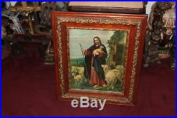 Antique Jesus Christ Religious Christianity Print-Sheep-Gilded Wood Frame-Large