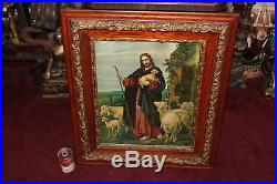 Antique Jesus Christ Religious Christianity Print-Sheep-Gilded Wood Frame-Large