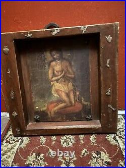 Antique Jesus Christ Santos Painting In Very Heavy Wooden Frame Religious Altar