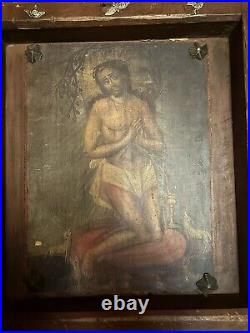 Antique Jesus Christ Santos Painting In Very Heavy Wooden Frame Religious Altar