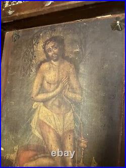 Antique Jesus Christ Santos Painting In Very Heavy Wooden Frame Religious Altar