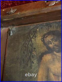 Antique Jesus Christ Santos Painting In Very Heavy Wooden Frame Religious Altar