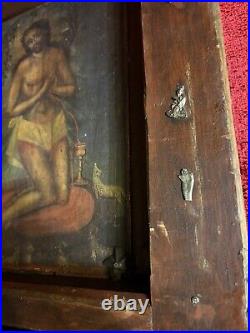 Antique Jesus Christ Santos Painting In Very Heavy Wooden Frame Religious Altar