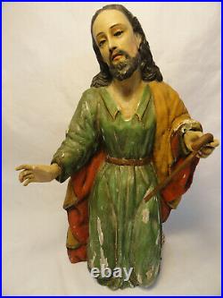 Antique Jesus Hand Carved Wood Statue Polychrome Glass Eyes Religious ZE4-10