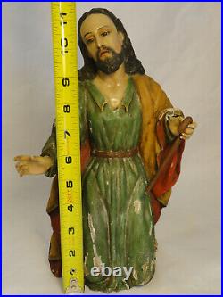 Antique Jesus Hand Carved Wood Statue Polychrome Glass Eyes Religious ZE4-10