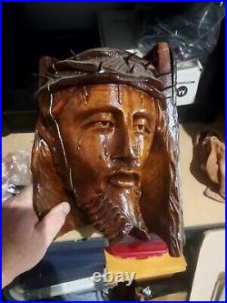 Antique Jesus Hand Carved Wooden Christ Head Vintage Religious Figure 12x9x8