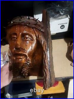 Antique Jesus Hand Carved Wooden Christ Head Vintage Religious Figure 12x9x8