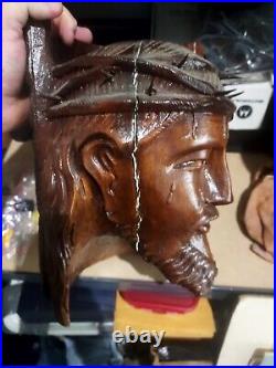 Antique Jesus Hand Carved Wooden Christ Head Vintage Religious Figure 12x9x8