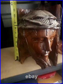 Antique Jesus Hand Carved Wooden Christ Head Vintage Religious Figure 12x9x8