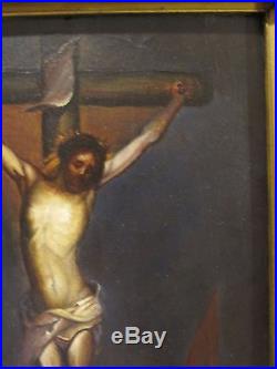 Antique Jesus On Cross Religious Oil Painting Artist Monogram Fine Art Decorate