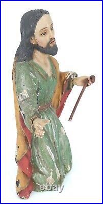 Antique Jesus Polychrome Glass Eyes Wood Statue Hand Carved Religious