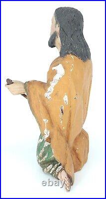 Antique Jesus Polychrome Glass Eyes Wood Statue Hand Carved Religious