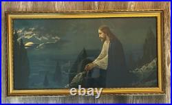 Antique Jesus Praying in Gethsemane Framed Religious Wall Art Gold Frame Large