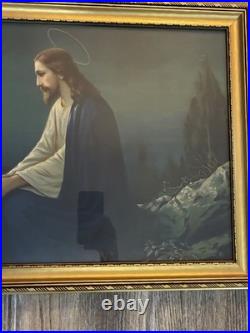 Antique Jesus Praying in Gethsemane Framed Religious Wall Art Gold Frame Large