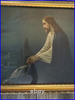 Antique Jesus Praying in Gethsemane Framed Religious Wall Art Gold Frame Large