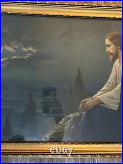 Antique Jesus Praying in Gethsemane Framed Religious Wall Art Gold Frame Large