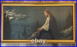 Antique Jesus Praying in Gethsemane Framed Religious Wall Art Gold Frame Large