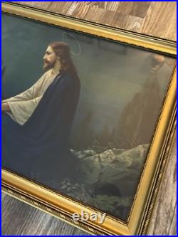 Antique Jesus Praying in Gethsemane Framed Religious Wall Art Gold Frame Large