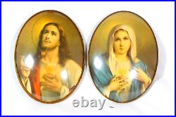 Antique Jesus & Virgin Mary Religious Dome Glass Portraits Bilderbacks Inc