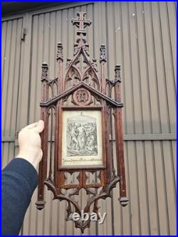 Antique L 19thc neo gothic wood carved station cross scene Wall plaque religious