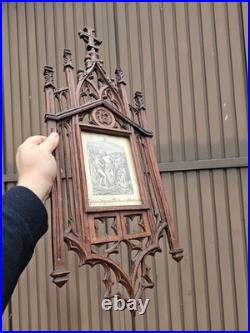 Antique L 19thc neo gothic wood carved station cross scene Wall plaque religious