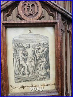 Antique L 19thc neo gothic wood carved station cross scene Wall plaque religious