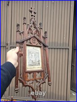 Antique L 19thc neo gothic wood carved station cross scene Wall plaque religious