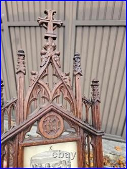Antique L 19thc neo gothic wood carved station cross scene Wall plaque religious