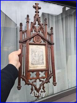 Antique L 19thc neo gothic wood carved station cross scene Wall plaque religious