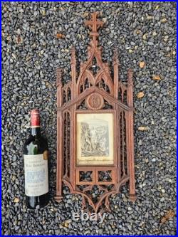 Antique L 19thc neo gothic wood carved station cross scene Wall plaque religious