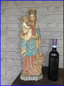 Antique LArge Flemish Our lady of Flanders Saint statue with lion religious