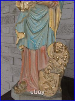 Antique LArge Flemish Our lady of Flanders Saint statue with lion religious