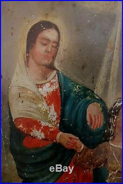 Antique La Sagrada Familia The Holy Family Folk Art Painting Tin Retablo Mexico