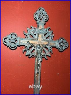 Antique Large Crucifix Bronze Cooper Altar Church Religious Jesus Christ 31 H