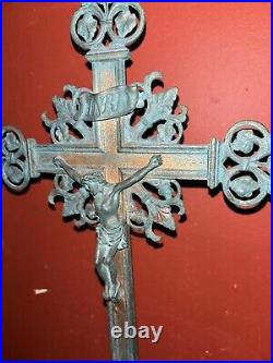 Antique Large Crucifix Bronze Cooper Altar Church Religious Jesus Christ 31 H