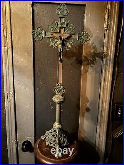 Antique Large Crucifix Bronze Cooper Altar Church Religious Jesus Christ 31 H