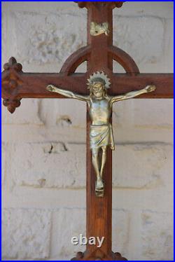 Antique Large French oak wood carved crucifix cross neo gothic religious