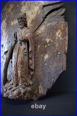 Antique Large Old Panel Carved Wooden Statue Tabernacle Religious Folk Art 19th