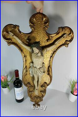Antique Large wood carved polychrome Wall plaque crucifix religious rare