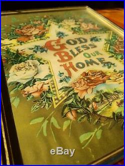 Antique Lithograph God Bless Our Home 1911 Lettering Gold Roses Beauty