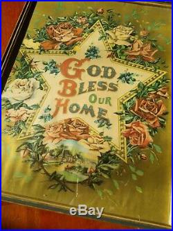 Antique Lithograph God Bless Our Home 1911 Lettering Gold Roses Beauty