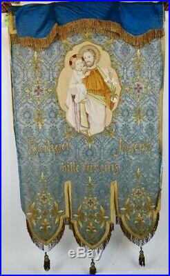 Antique Lrg Embroidered Religious Banner Christ & St Joseph Big River Wisconsin
