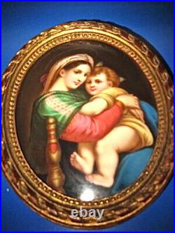 Antique MARY and JESUS Old PORCELAIN Portrait Plaque PAINTING Tile WOOD FRAME