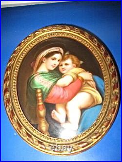 Antique MARY and JESUS Old PORCELAIN Portrait Plaque PAINTING Tile WOOD FRAME