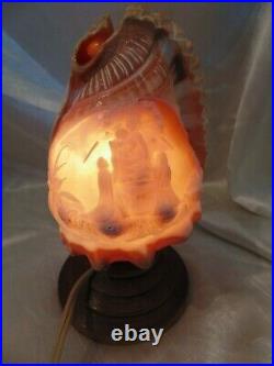 Antique Madonna Baby Jesus Religious Italian Hand Carved Conch Shell Cameo Lamp