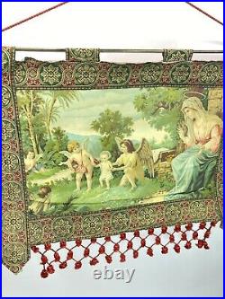 Antique Madonna, Child & Angels Hand Painted Italian Woven Tapestry 19th Century
