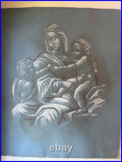 Antique Madonna & Child Religious Devotional drawing European blue paper