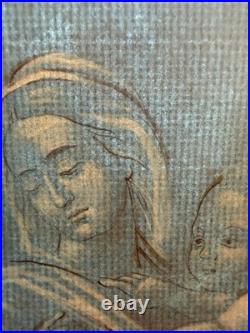 Antique Madonna & Child Religious Devotional drawing European blue paper