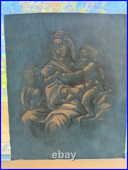 Antique Madonna & Child Religious Devotional drawing European blue paper